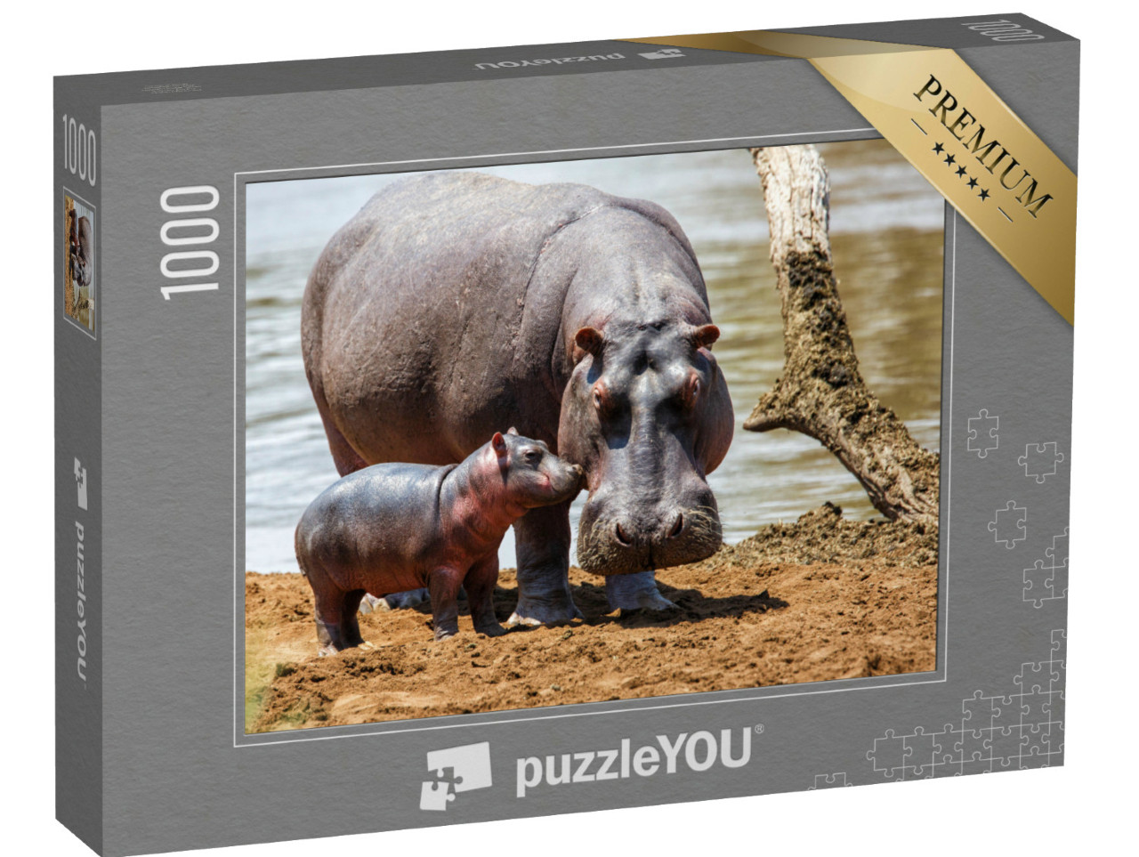 Puzzel 1000 stukjes „Moeder nijlpaard met haar baby in het Masai Mara National Park, Kenia“