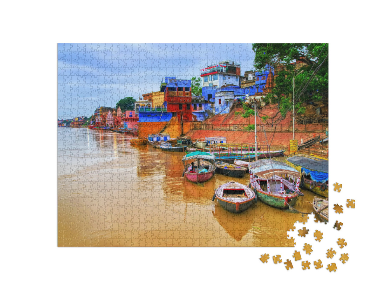Puzzel 1000 stukjes „Uitzicht op Varanasi aan de rivier de Ganges, India“