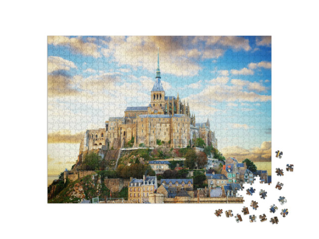 Puzzel 1000 stukjes „Close-up van Mont Saint Michel bij zonsondergang, Frankrijk“