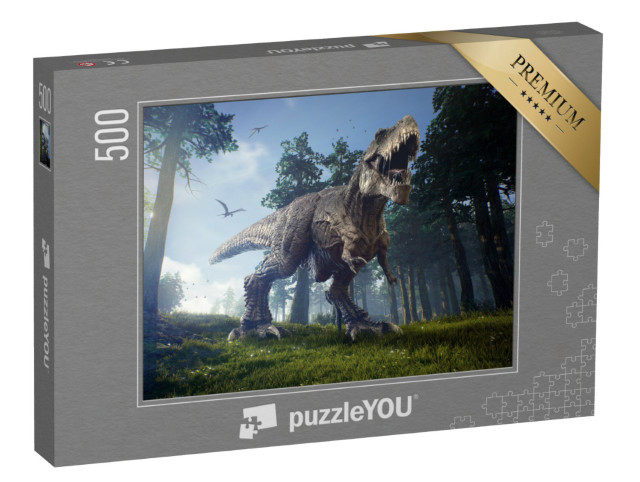 Puzzel 500 stukjes „Jachtgebied van een Tyrannosaurus Rex met twee Quetzalcoatlus“