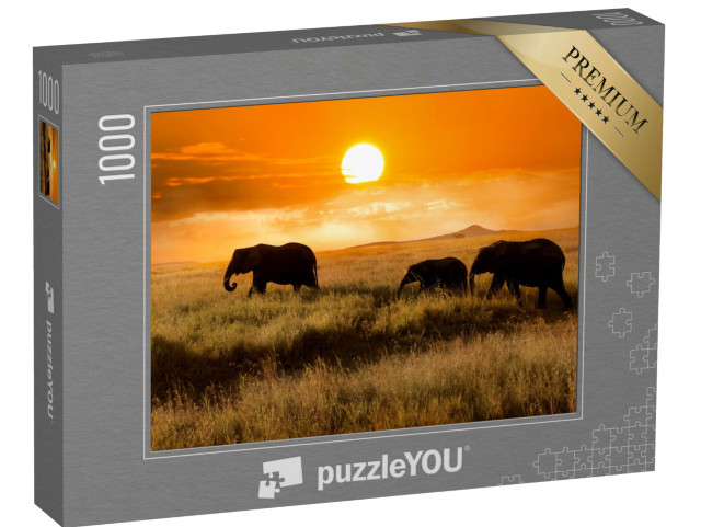 Puzzel 1000 stukjes „Olifantenfamilie bij zonsondergang in het Afrikaans Nationaal Park“