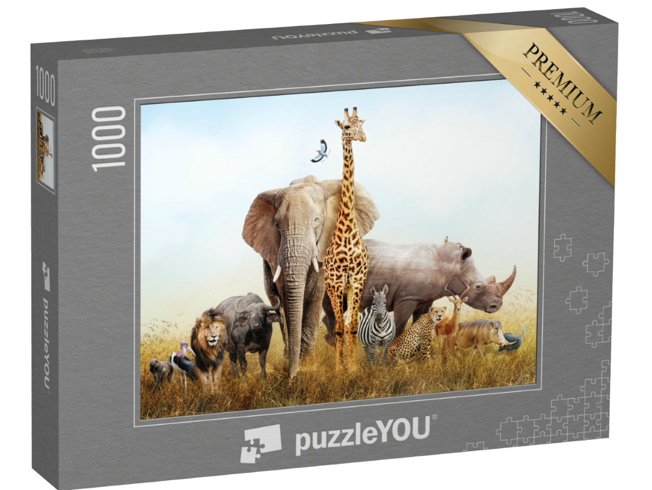 Puzzel 1000 stukjes „Talrijke safaridieren: Compositie met landschap van Kenia“