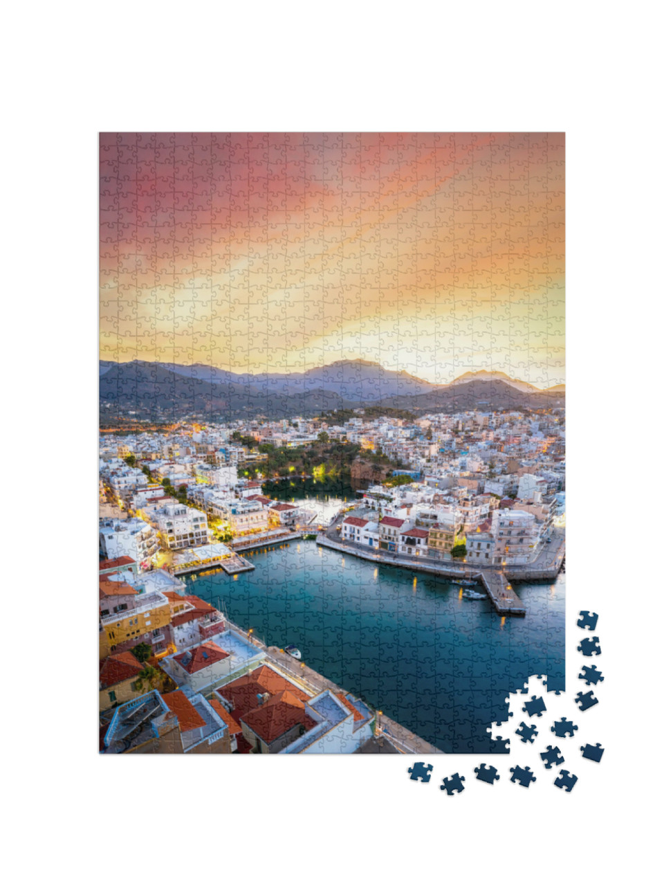 Puzzel 1000 stukjes „Het meer van Voulismeni bij Agios Nikolaos, kustplaats op Kreta, Griekenland“