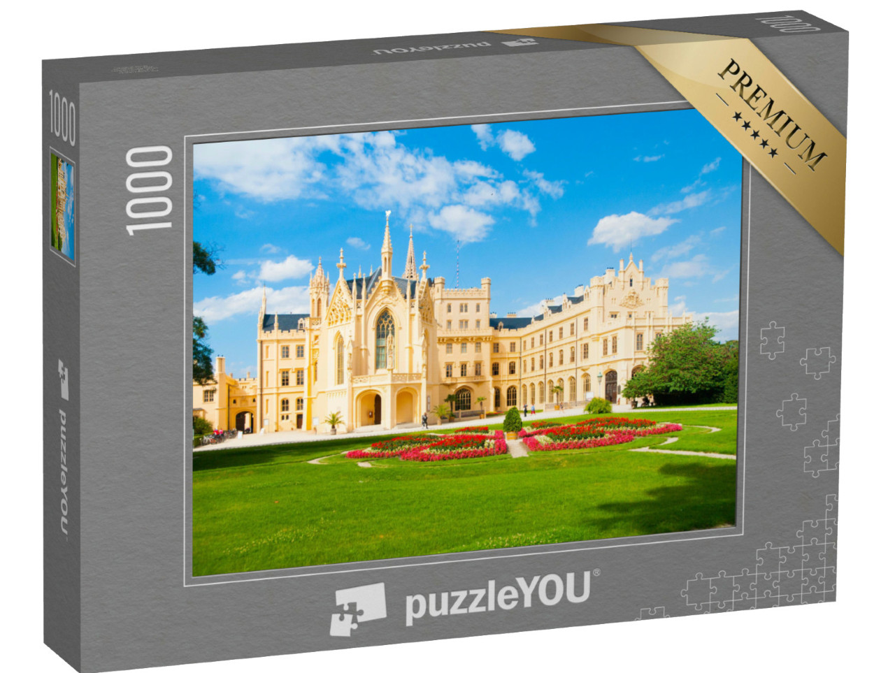 Puzzel 1000 stukjes „Kasteel Lednice op een zonnige zomerdag, Moravië, Tsjechië“