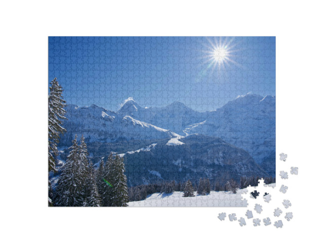 Puzzel 1000 stukjes „Winterlandschap met stervormige zon, Mürren, Zwitserland“