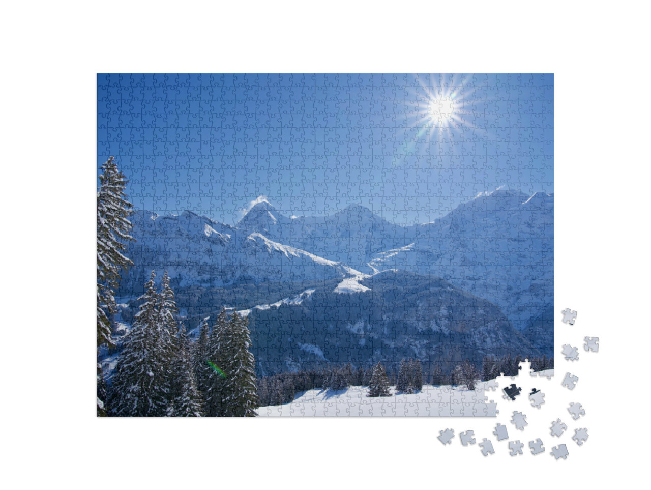 Puzzel 1000 stukjes „Winterlandschap met stervormige zon, Mürren, Zwitserland“
