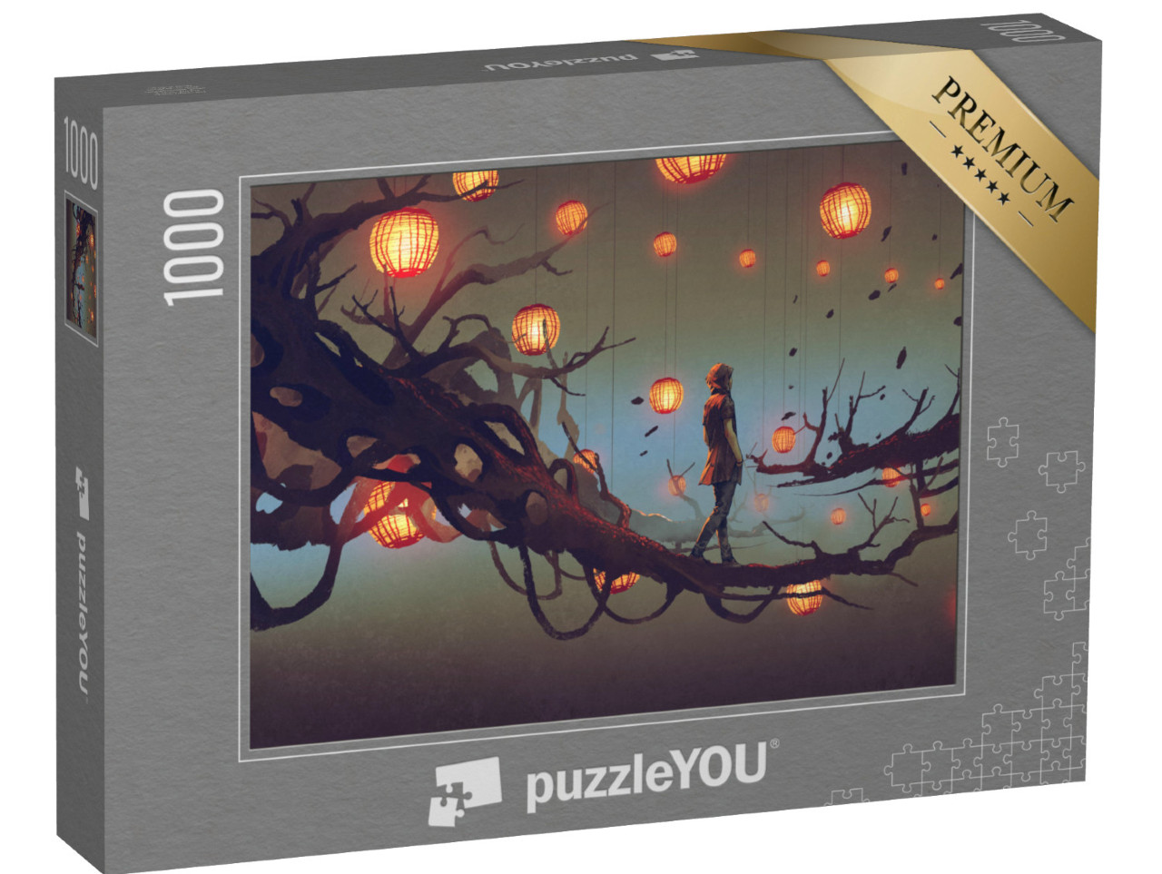 Puzzel 1000 stukjes „Illusoir schilderij: Man op een tak tussen lantaarns“