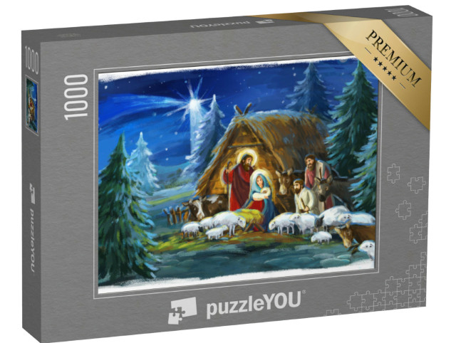 Puzzel 1000 stukjes „Traditioneel kersttafereel met de Heilige Familie en dieren“