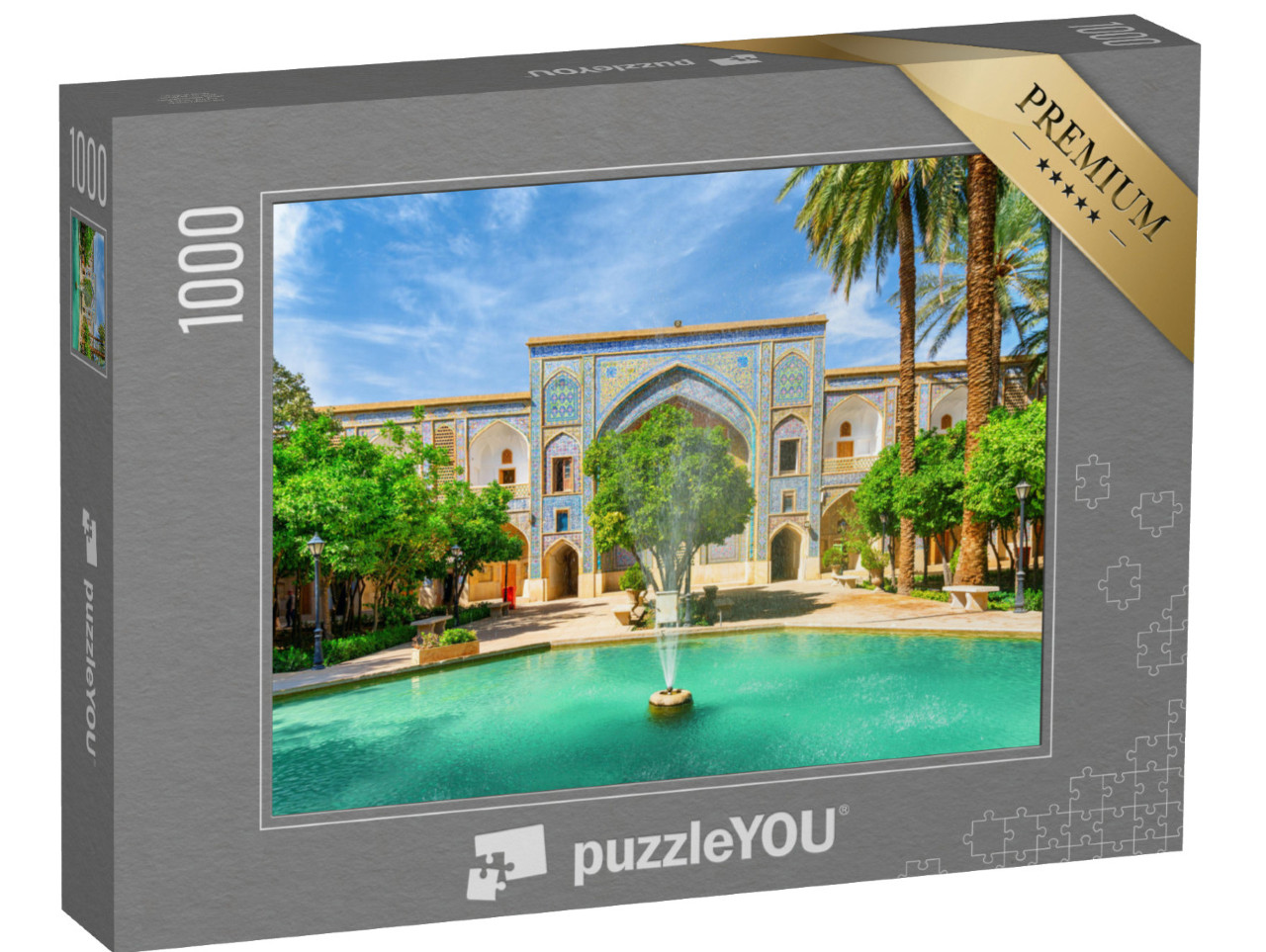 Puzzel 1000 stukjes „Binnenplaats met groene tuin in Madrese e-Khan in Shiraz, Iran“