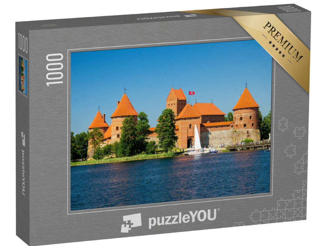 Puzzel 1000 stukjes „Kasteel op het eiland Trakai met stenen muren en torens, Meer van Galve, Litouwen“