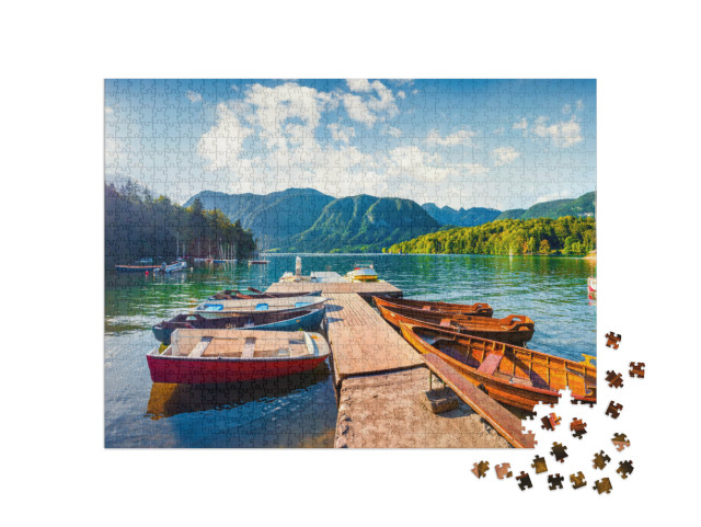 Puzzel 1000 stukjes „Zomerpanorama van het meer van Bohinj, Triglav Nationaal Park, Slovenië“