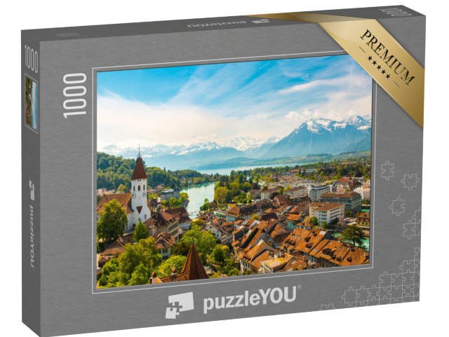 Puzzel 1000 stukjes „Panoramisch uitzicht op Thun met de Alpen en het meer van Thun, Zwitserland“