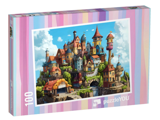 Puzzel 100 stukjes „De mysterieuze stad vol huizen en torens“