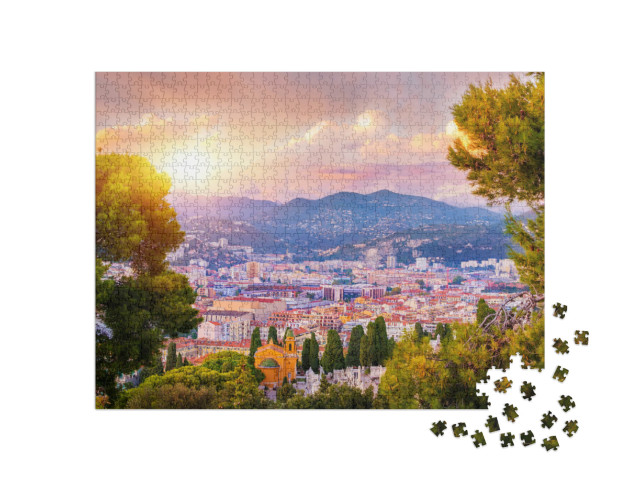 Puzzel 1000 stukjes „Luchtfoto van Nice, Cote d'Azur bij zonsondergang, Frankrijk“