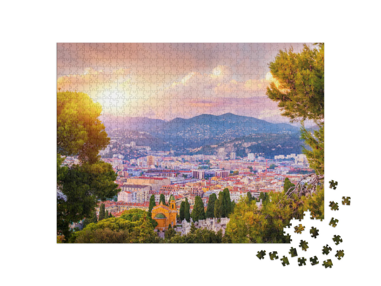Puzzel 1000 stukjes „Luchtfoto van Nice, Cote d'Azur bij zonsondergang, Frankrijk“