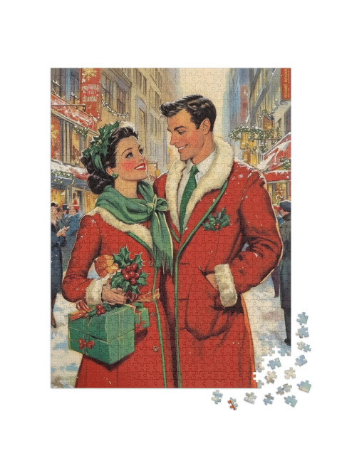 Puzzel 1000 stukjes „Design de Noël vintage : Couple d'amoureux faisant du shopping de Noël“