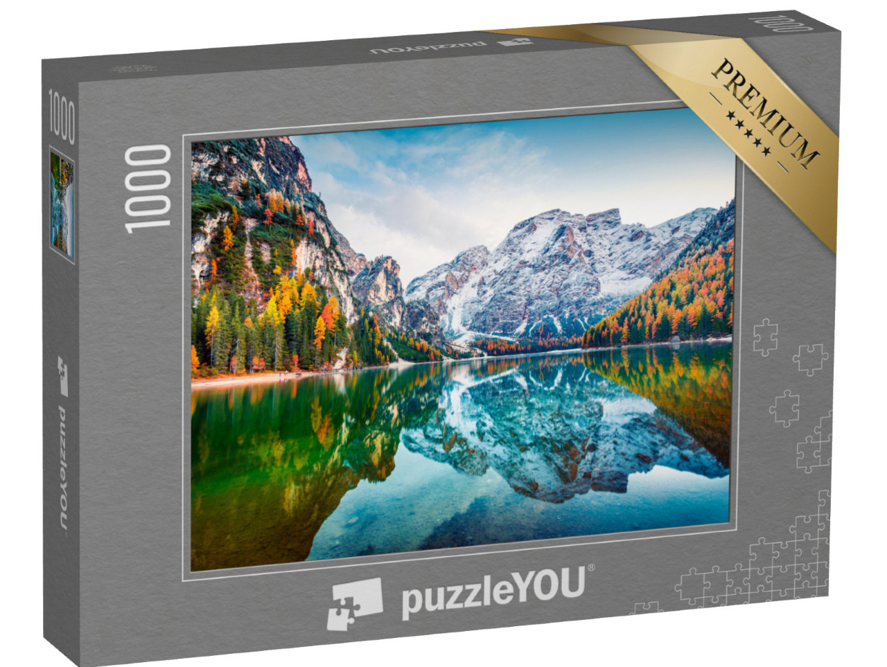 Puzzel 1000 stukjes „Eerste sneeuw op het meer van Braies, Alpen, Italië“