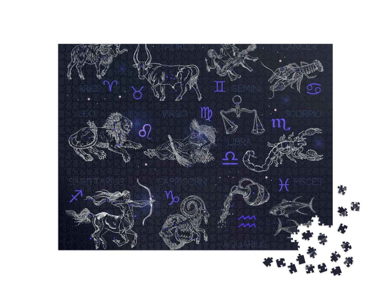 Puzzel 1000 stukjes „Sterrenbeelden, dierenriemtekens, horoscopen, vintage gravurestijl“
