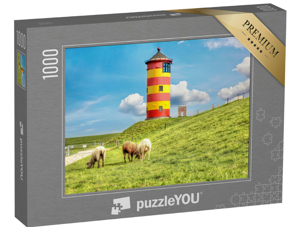 Puzzel 1000 stukjes „Schapen voor de vuurtoren van Pilsum aan de Duitse Noordzeekust“