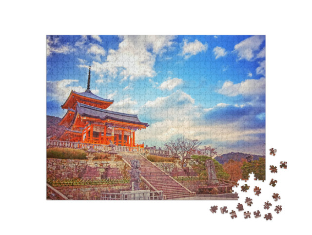 Puzzel 1000 stukjes „Zonsondergang op het terrein van de Kiyomizu-dera tempel, Kyoto, Japan“