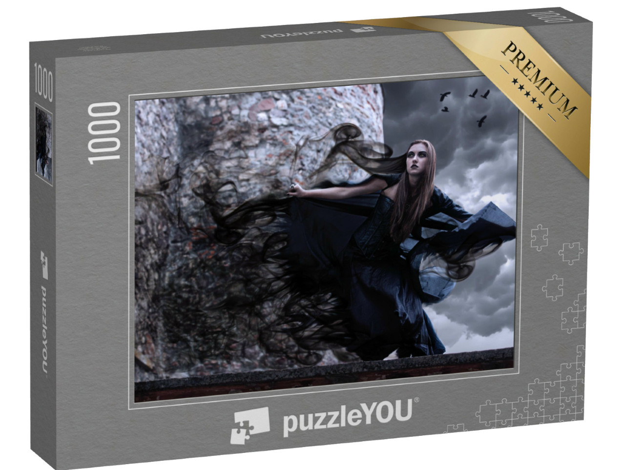 Puzzel 1000 stukjes „Heks met zwarte jurk en donkere make-up“