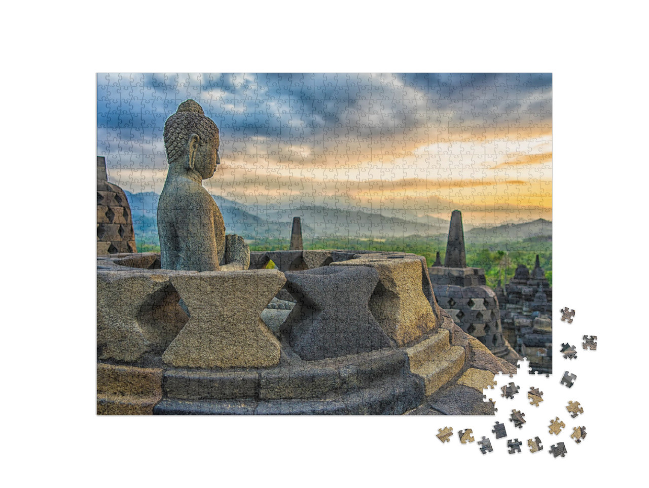 Puzzel 1000 stukjes „Borobudur tempel bij zonsondergang, Java, Indonesië“