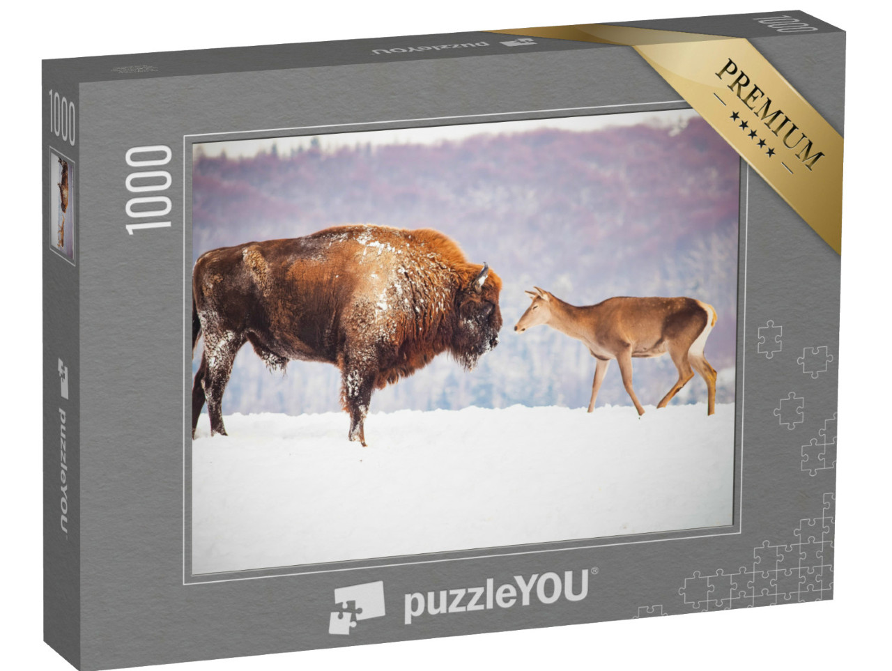 Puzzel 1000 stukjes „Europese bizons en herten in de winter“