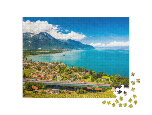 Puzzel 1000 stukjes „Panoramisch uitzicht op Villeneuve aan het meer van Genève, Zwitserland“