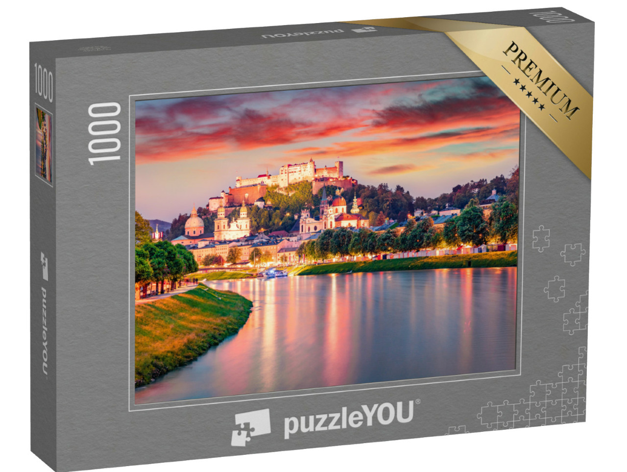 Puzzel 1000 stukjes „Zomeruitzicht op het historische centrum van Salzburg bij zonsondergang“