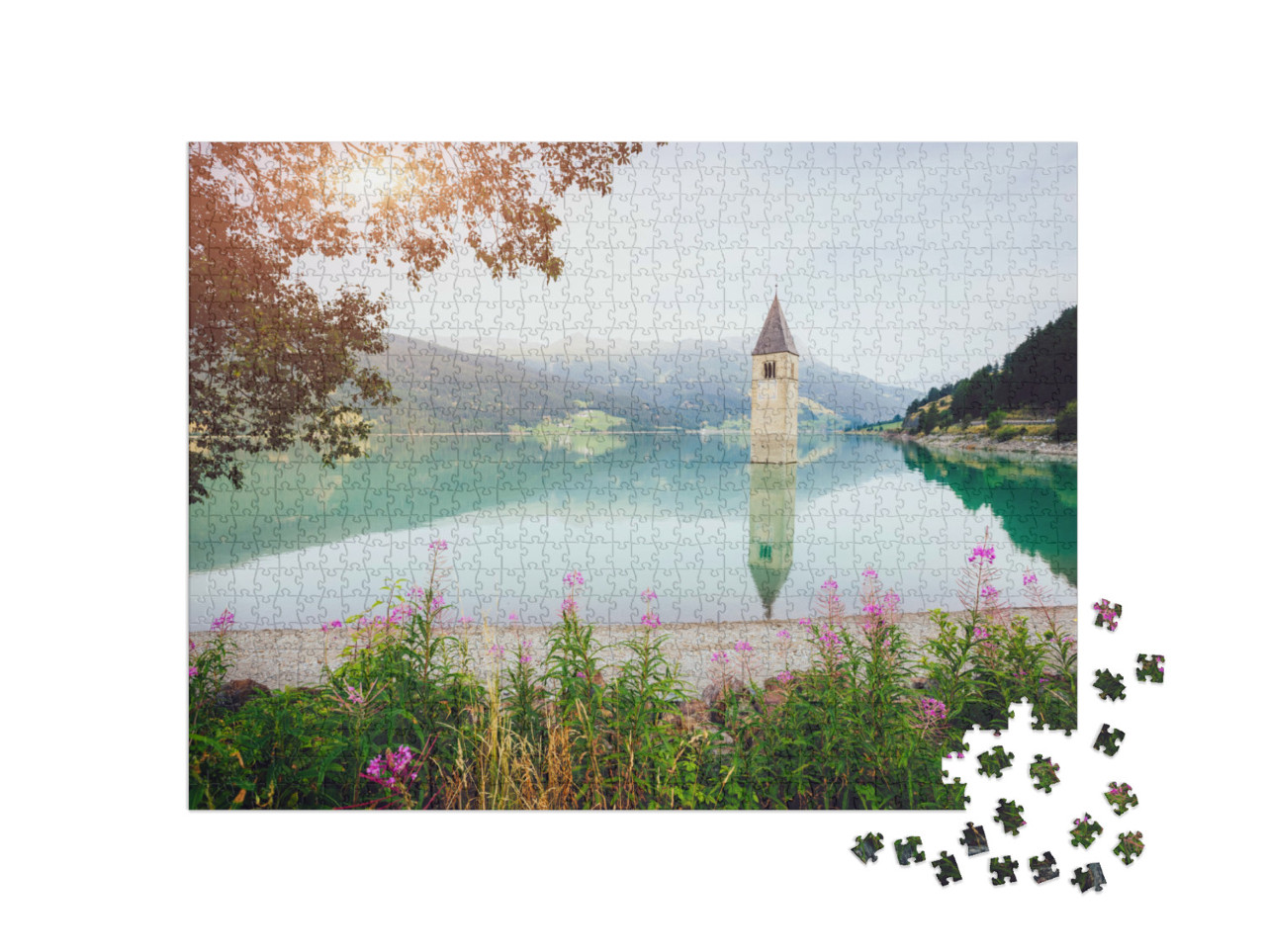 Puzzel 1000 stukjes „De oude klokkentoren van de kerk van Curon Venosta“