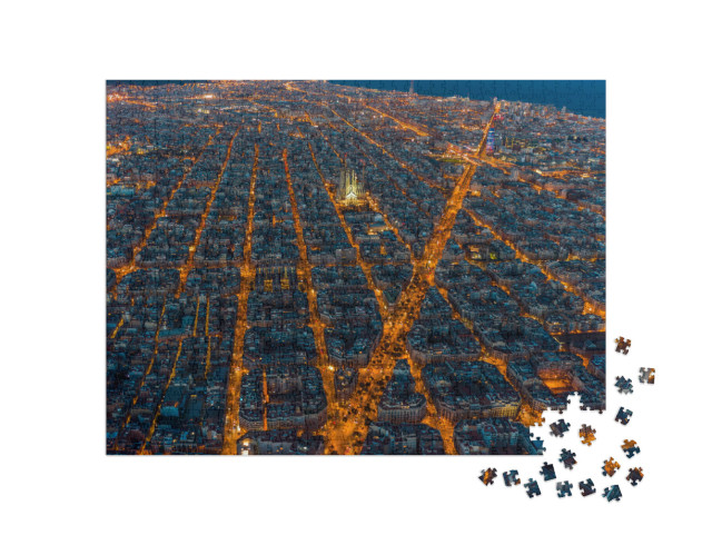 Puzzel 1000 stukjes „Uitzicht over Barcelona 's avonds verlicht“