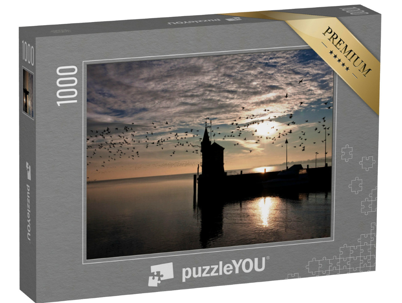 Puzzel 1000 stukjes „Ingang naar de haven van Konstanz bij zonsopgang, Bodenmeer, Duitsland“
