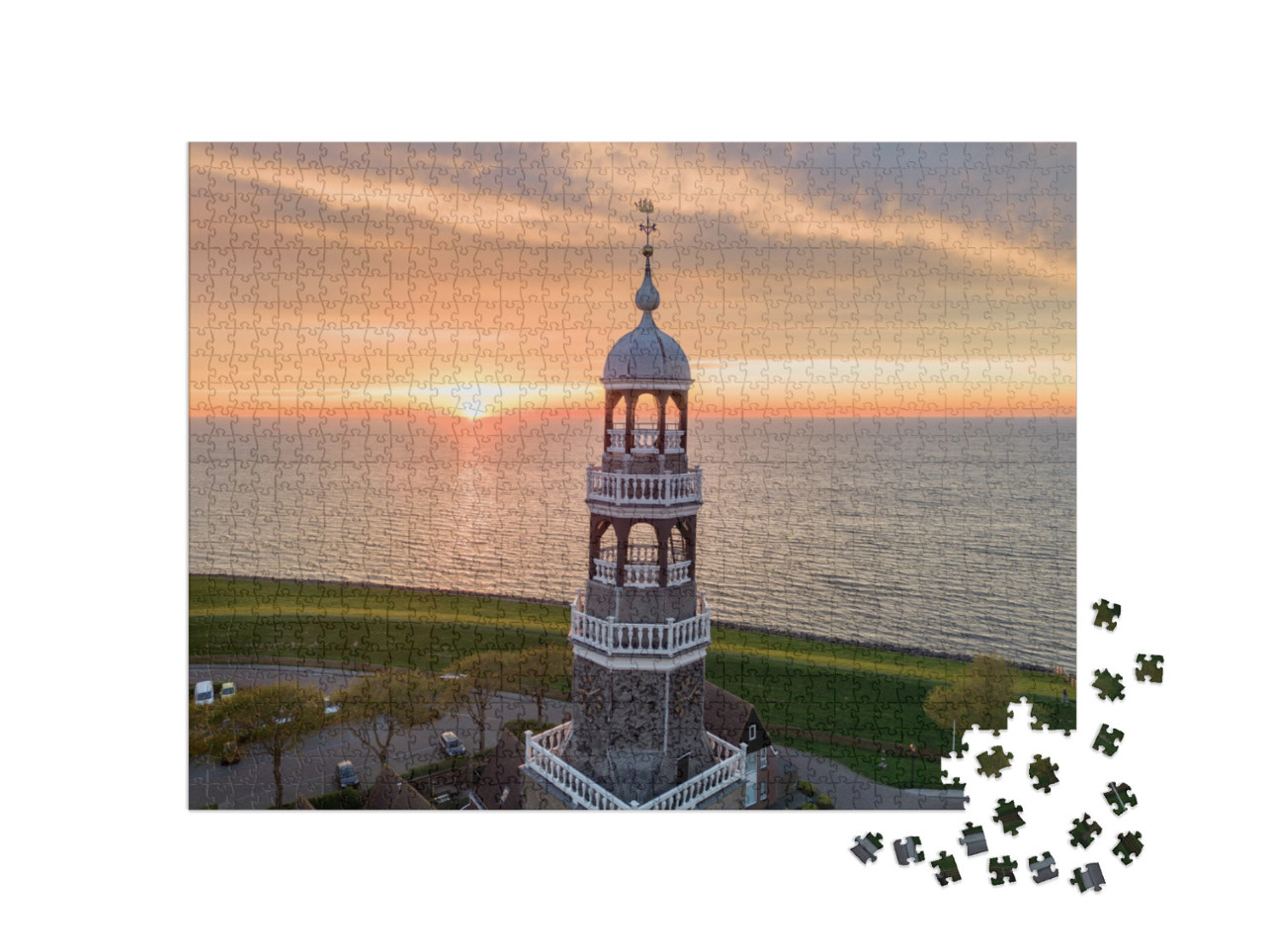 Puzzel 1000 stukjes „Historisch stadje Hindeloopen, naast het IJsselmeer met iconische kerk“