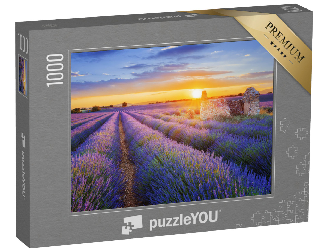 Puzzel 1000 stukjes „Paarse droom: zonsondergang boven een lavendelveld in Valensole, Provence“