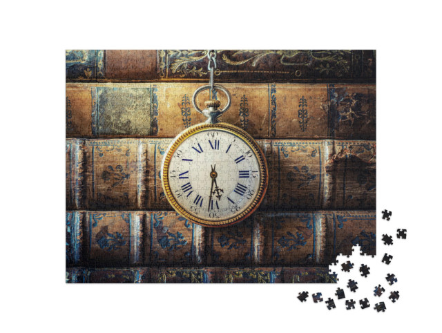 Puzzel 1000 stukjes „Vintage zakhorloge voor een stapel oude boeken“
