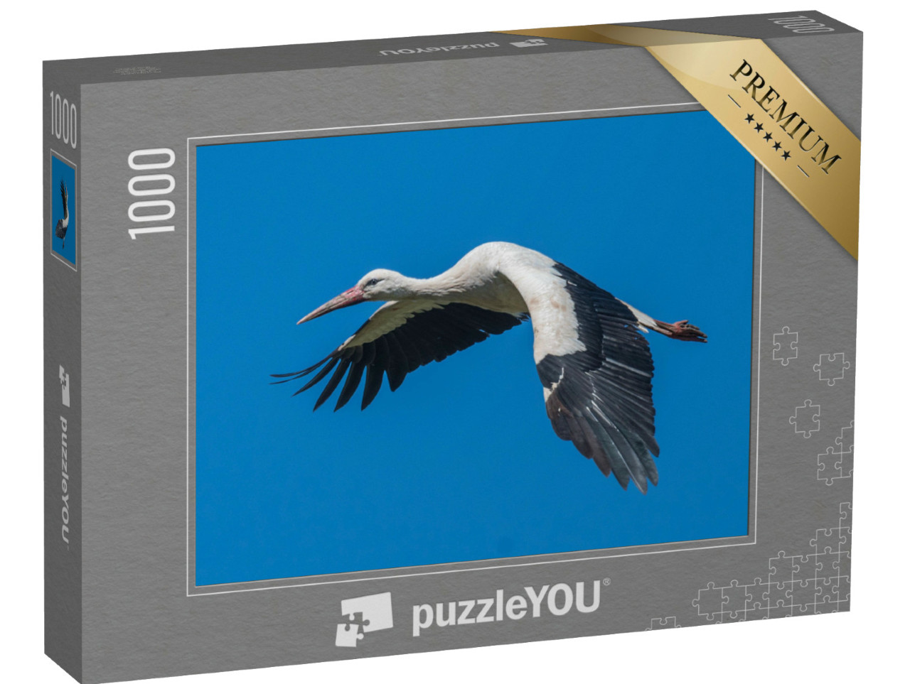 Puzzel 1000 stukjes „Vliegende witte ooievaar in de blauwe lucht“