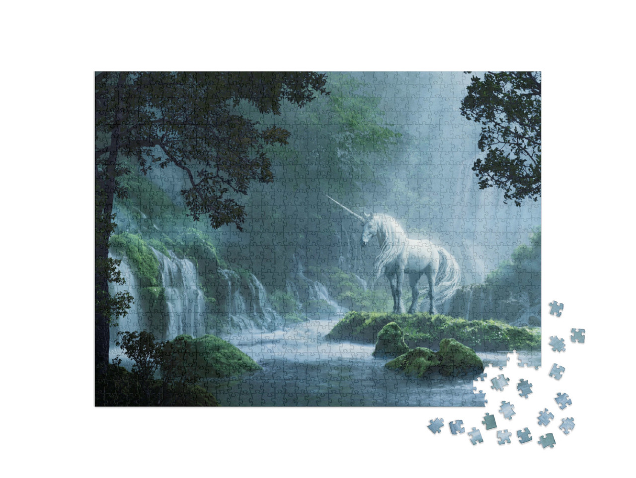 Puzzel 1000 stukjes „Een prachtige eenhoorn in een magisch bos“