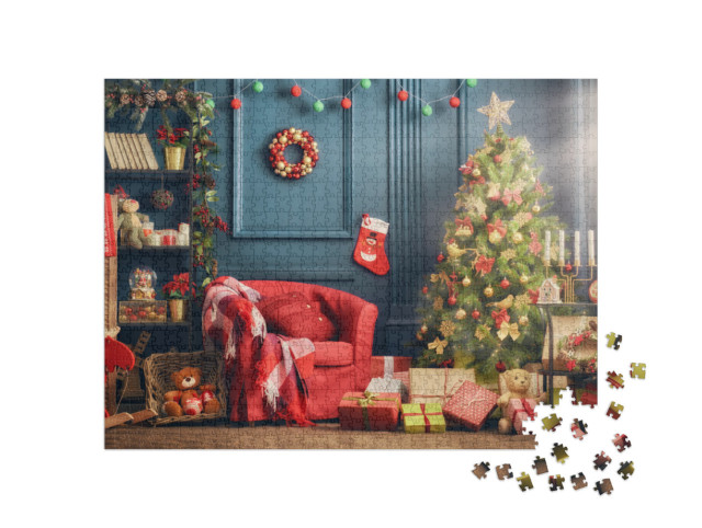 Puzzel 1000 stukjes „Vrolijk kerstfeest: mooie, feestelijk versierde woonkamer“