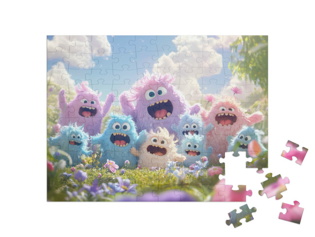 Puzzel 100 stukjes „Een pluizige monsterfamilie in de lenteweide“
