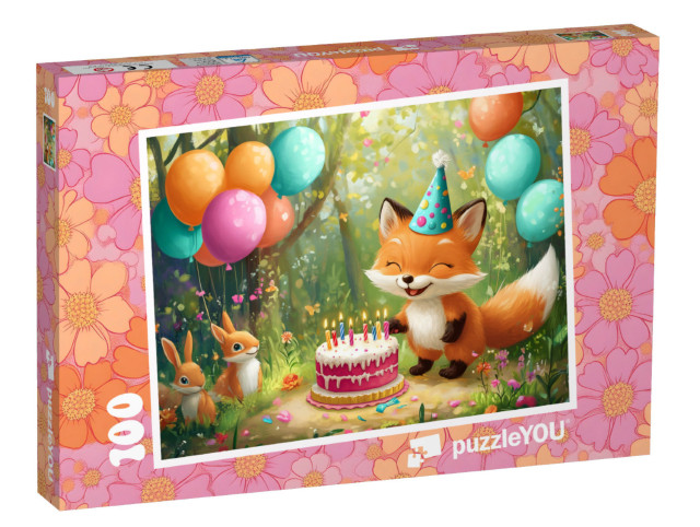Puzzel 100 stukjes „Kleine vos viert verjaardagsfeestje in het bos“