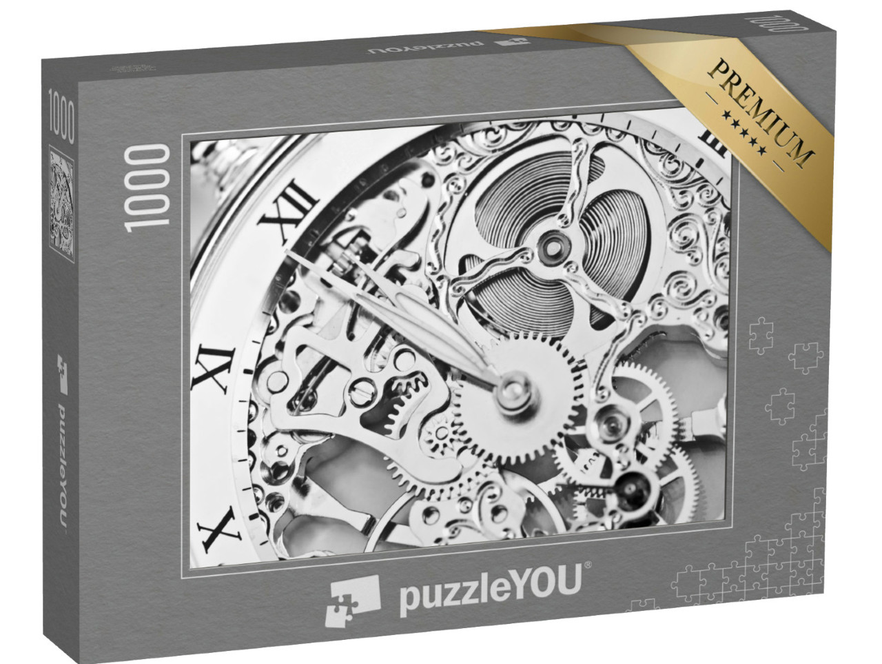 Puzzel 1000 stukjes „Zwart-wit close-up van een uurwerk“