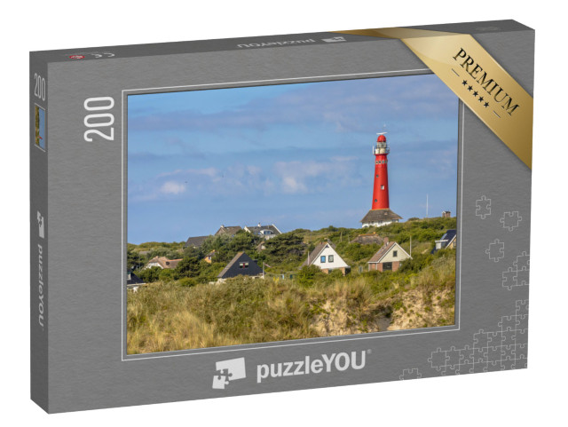Puzzel 200 stukjes „Rode vuurtoren tussen de huizen van het dorp Schiermonnikoog“