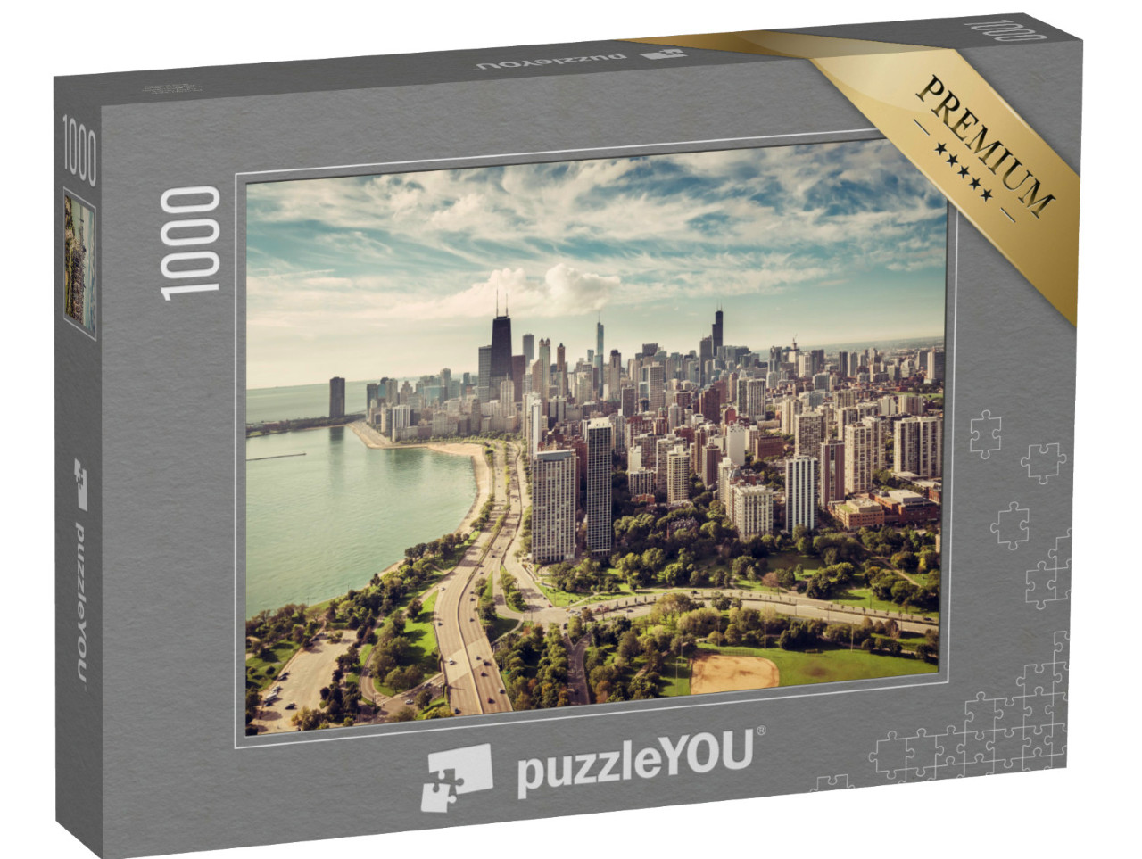 Puzzel 1000 stukjes „Chicago skyline met straat op het strand vanuit de lucht“
