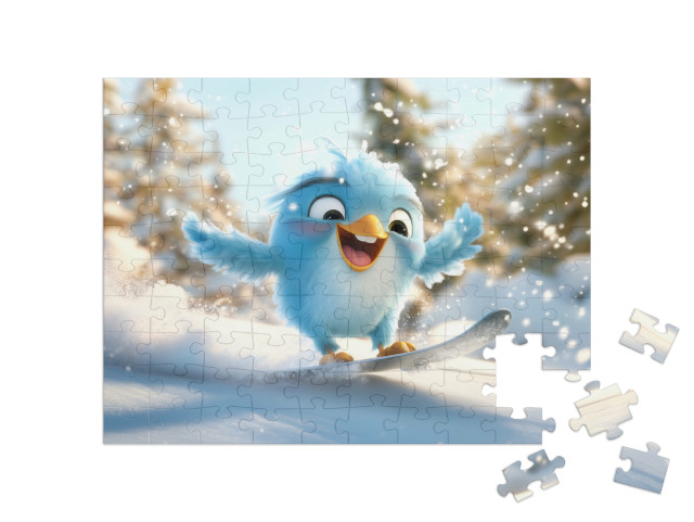 Puzzel 100 stukjes „Friedolin de vogel heeft winterpret in de bergen“