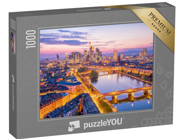 Puzzel 1000 stukjes „Skyline van Frankfurt bij schemering, Duitsland“
