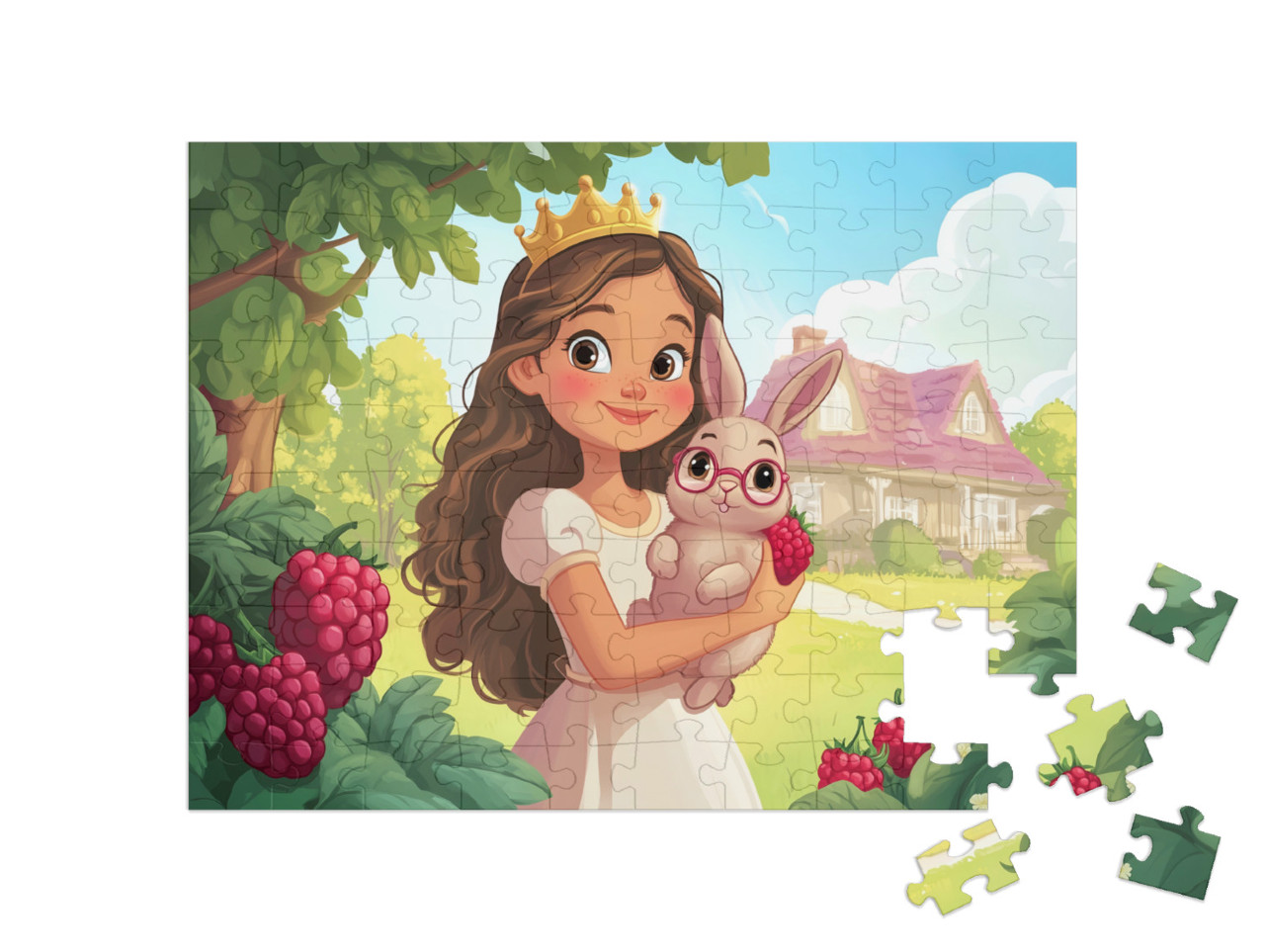 Puzzel 100 stukjes „Een prinses met haar schattige konijn in de boomgaard“