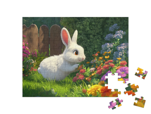 Puzzel 100 stukjes „Het konijntje in de bloementuin“