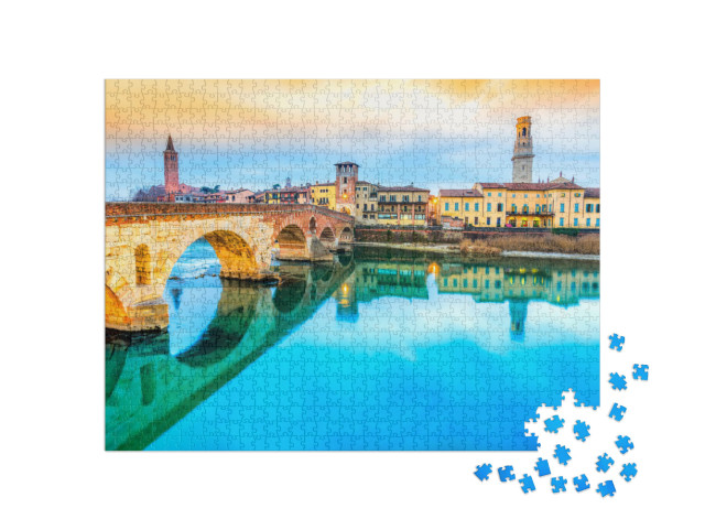 Puzzel 1000 stukjes „Prachtig Verona met Adige en Ponte di Pietra, Italië“