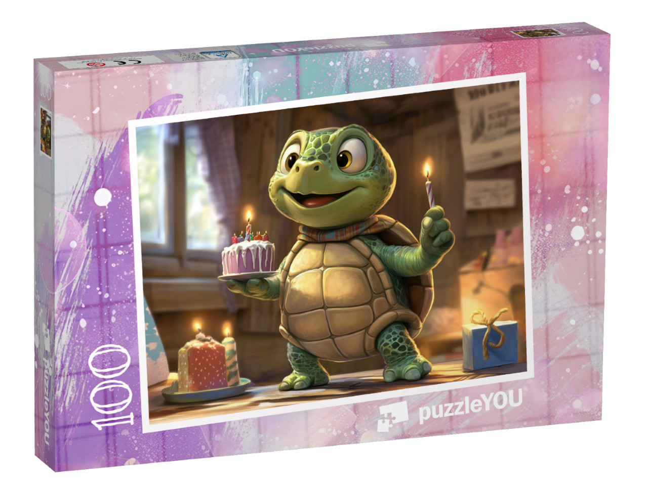 Puzzel 100 stukjes „Een zoete verjaardagstaart van Schorschi de schildpad“