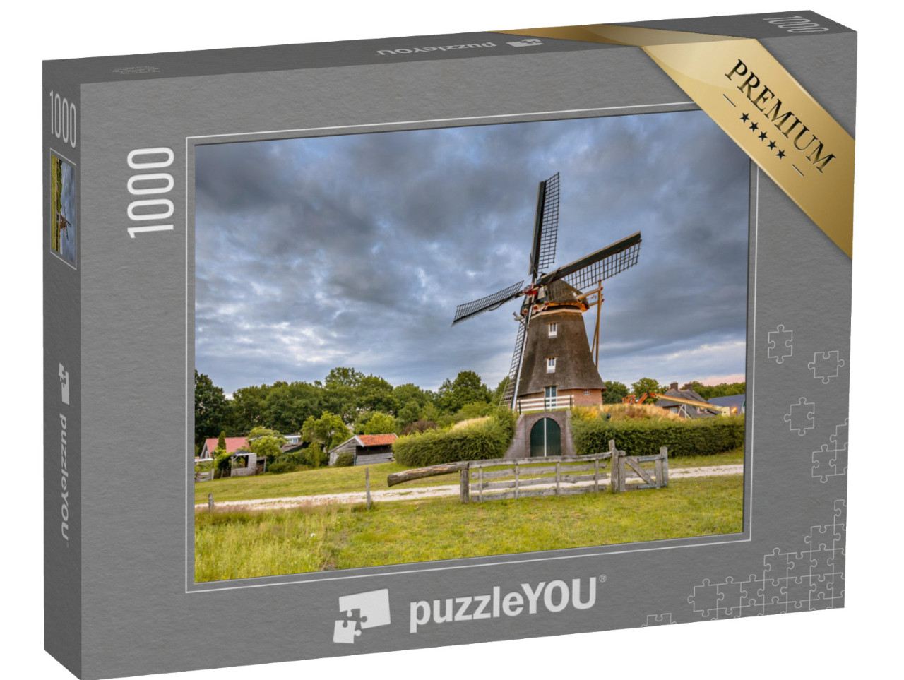 Puzzel 1000 stukjes „Historische houten windmolen onder een bewolkte hemel in het dorp Aalden, provincie Drenthe, Nederland“